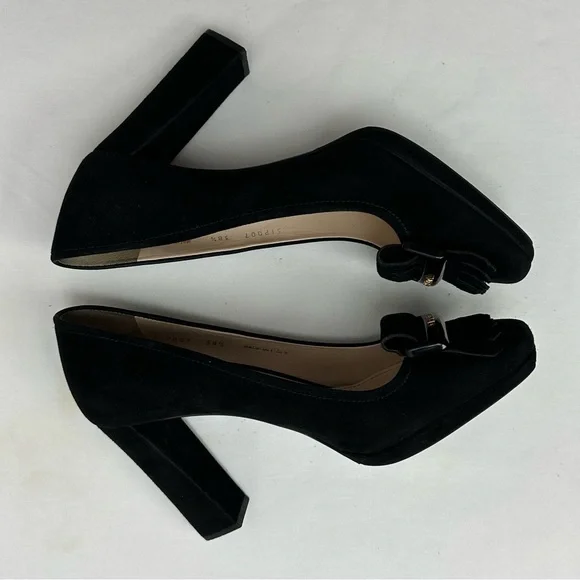 Prada Logo Black Suede Square Toe Block Heels Pumps size 38.5 - Picture 6 of 9